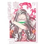 Ilustração de personagem de anime com longos cabelos escuros e detalhes faciais marcantes, segurando uma espada e com uma expressão determinada, cercada por efeitos de energia e elementos visuais vibrantes.