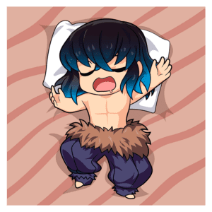 Ilustração de um personagem estilo chibi dormindo em uma cama, com cabelo preto e azul, usando calças largas e uma faixa de pele ao redor da cintura. O personagem tem uma expressão sonolenta e está deitado de costas em um travesseiro, em um fundo com listras suaves.