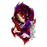 Ilustração de um personagem com cabelo escuro e detalhes vermelhos, segurando uma katana, com múltiplos olhos na face. O fundo é verde e há caracteres em japonês ao lado. A arte tem um estilo vibrante e dinâmico, ideal para fãs de cultura pop e animes.