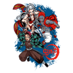 Personagens de anime em ação, incluindo um jovem lutador com cabelo rosa e um traje xadrez, uma mulher de cabelos brancos com um traje vermelho e um guerreiro musculoso com pintura corporal. Fundo azul vibrante com elementos gráficos do anime "Demon Slayer".