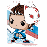 Personagem Tanjiro de Kimetsu no Yaiba, em estilo chibi, segurando uma katana e usando uma máscara de gato. Fundo colorido com elementos gráficos.