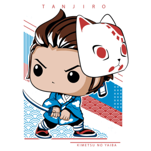 Personagem Tanjiro de Kimetsu no Yaiba, em estilo chibi, segurando uma katana e usando uma máscara de gato. Fundo colorido com elementos gráficos.