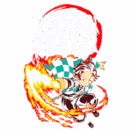 Personagem de Demon Slayer em ação, usando uma espada envolta em chamas, com um fundo de círculos vermelhos e o título "DEMON SLAYER" em destaque.