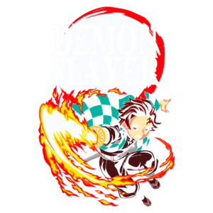 Personagem de Demon Slayer em ação, usando uma espada envolta em chamas, com um fundo de círculos vermelhos e o título "DEMON SLAYER" em destaque.