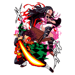 Ilustração de personagens de anime em ação, com um jovem lutador empunhando uma espada flamejante e uma companheira utilizando habilidades mágicas, ambos em um fundo vibrante e dinâmico.