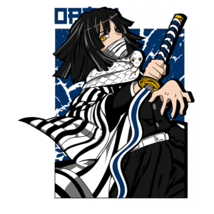 Ilustração de Obanai Iguro, um personagem do anime "Demon Slayer", vestindo um manto listrado em preto e branco, segurando uma katana. Ele tem um olhar intenso e uma faixa na boca, com uma cobra branca ao seu lado. O fundo apresenta um padrão azul, destacando a figura.