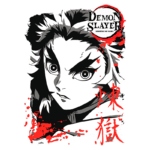 Imagem do personagem de "Demon Slayer: Kimetsu no Yaiba", destacando um rosto expressivo e determinado, com traços marcantes e detalhes em preto e branco, complementados por respingos vermelhos.