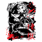 Ilustração em preto e branco de um personagem de anime com cabelo desgrenhado, segurando uma espada. O fundo apresenta elementos de sangue vermelho e detalhes dinâmicos, transmitindo ação e intensidade. Texto em vermelho no lado direito.