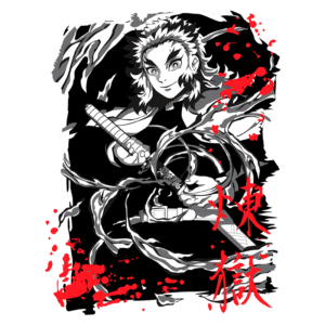 Ilustração em preto e branco de um personagem de anime com cabelo desgrenhado, segurando uma espada. O fundo apresenta elementos de sangue vermelho e detalhes dinâmicos, transmitindo ação e intensidade. Texto em vermelho no lado direito.