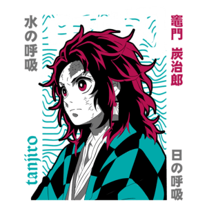 Imagem do personagem Tanjiro Kamado de Demon Slayer, com cabelo vermelho e preto, vestindo um kimono listrado em verde e preto. O fundo apresenta elementos gráficos e texto em japonês.