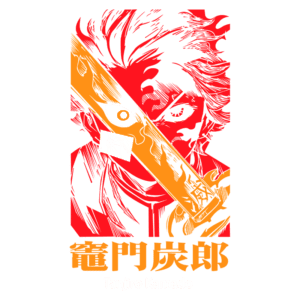 Imagem estilizada de Tanjiro Kamado, personagem do anime "Demon Slayer", com expressão intensa e espada em destaque, apresentando cores vibrantes em vermelho e laranja.