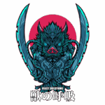 Ilustração de uma criatura feroz com traços de um animal, segurando espadas, destacando o tema "Beast Breathing" em estilo gráfico vibrante, com um fundo vermelho.