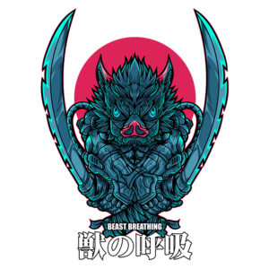 Ilustração de uma criatura feroz com traços de um animal, segurando espadas, destacando o tema "Beast Breathing" em estilo gráfico vibrante, com um fundo vermelho.