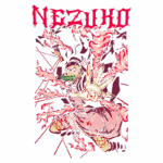 Nezuko Kamado, personagem do anime Demon Slayer, usando poderes demoníacos, com chamas vermelhas ao fundo e expressão determinada, enquanto segura uma máscara de bambu.