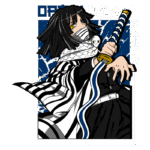 Imagem de um personagem de anime com cabelos longos e escuros, vestindo um manto listrado em preto e branco, segurando uma espada. O personagem possui olhos amarelos e uma cobra branca em seu ombro, com um fundo azul que destaca sua presença.