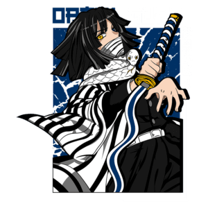 Imagem de um personagem de anime com cabelos longos e escuros, vestindo um manto listrado em preto e branco, segurando uma espada. O personagem possui olhos amarelos e uma cobra branca em seu ombro, com um fundo azul que destaca sua presença.