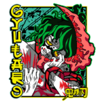 Imagem de um personagem estilizado com cabelo verde e vermelho, apresentando características de demônio, como olhos amarelados e garras. O fundo é colorido, com elementos gráficos que remetem ao estilo de anime, destacando a cultura pop japonesa e a série Demon Slayer.