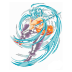 Personagem de estilo anime com cabeça de lobo, em pose de ataque com uma espada, cercado por ondas de energia azul. Fundo preto destaca o movimento dinâmico e as cores vibrantes da ilustração. Ideal para fãs de arte de ação e cultura pop japonesa.