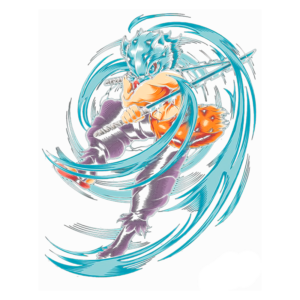 Personagem de estilo anime com cabeça de lobo, em pose de ataque com uma espada, cercado por ondas de energia azul. Fundo preto destaca o movimento dinâmico e as cores vibrantes da ilustração. Ideal para fãs de arte de ação e cultura pop japonesa.