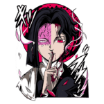 Personagem de anime com cabelo preto e olhos vermelhos, apresentando uma metade do rosto com aspecto de cérebro. Ele segura o dedo indicador em frente aos lábios em um gesto de silêncio, com um fundo rosa vibrante e elementos de ação ao redor.