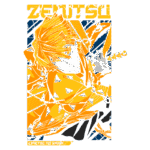 Ilustração de Zenitsu, personagem de Kimetsu no Yaiba, com cabelo amarelo e vestindo um traje laranja com padrões. Ele está em uma pose dinâmica, segurando uma katana, cercado por um fundo colorido que destaca sua expressão determinada.