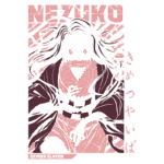 Imagem da personagem Nezuko de Demon Slayer, retratada com cabelos longos e escuros, vestindo um kimono vermelho e preto, com uma expressão determinada e uma faixa na boca. O fundo apresenta linhas dinâmicas em tons de rosa, destacando o título "Demon Slayer" na parte inferior.