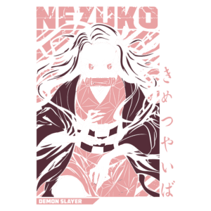 Imagem da personagem Nezuko de Demon Slayer, retratada com cabelos longos e escuros, vestindo um kimono vermelho e preto, com uma expressão determinada e uma faixa na boca. O fundo apresenta linhas dinâmicas em tons de rosa, destacando o título "Demon Slayer" na parte inferior.