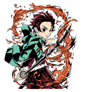 Personagem de anime com cabelo escuro e olhos vermelhos, segurando uma espada enquanto é envolvido por chamas laranjas. Ele usa um manto de listras verdes e pretas, representando uma cena de ação intensa.