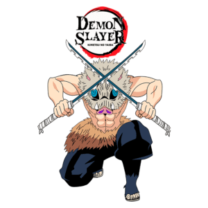 Personagem do anime Demon Slayer, com máscara de javali e segurando duas espadas, em posição de ataque. O fundo é verde, destacando a figura e o logotipo da série.