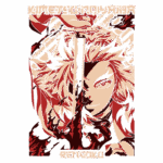 Imagem estilizada de um personagem de anime com cabelo espesso e espadas, representando Kyojuro Rengoku de "Demon Slayer". O fundo apresenta um design dinâmico em tons de vermelho e verde, destacando a intensidade da cena.