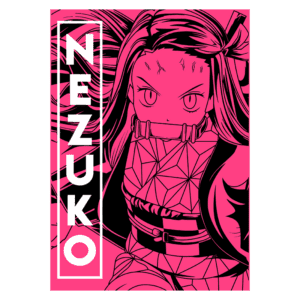 Ilustração de Nezuko, personagem popular do anime "Demon Slayer", com cabelo longo e preto, vestindo um traje tradicional japonês. O fundo é rosa vibrante, destacando o estilo artístico em preto e branco. A palavra "NEZUKO" está em destaque ao lado da imagem.