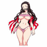 Imagem de uma personagem feminina de anime com cabelo longo e escuro, usando lingerie rosa e fitas vermelhas, com uma máscara sobre a boca.