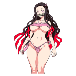 Imagem de uma personagem feminina de anime com cabelo longo e escuro, usando lingerie rosa e fitas vermelhas, com uma máscara sobre a boca.