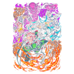 Ilustração vibrante de personagens de anime em ação, incluindo um jovem lutador com cabelo vermelho e roupas listradas, cercado por chamas, enquanto outros personagens, com trajes distintos, demonstram habilidades sobrenaturais em um cenário dinâmico e colorido.