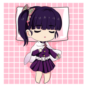 Personagem chibi feminino com cabelo preto e laço colorido, deitado em um travesseiro, usando uma roupa roxa e capa branca, em um fundo rosa com padrão quadriculado.