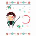 Imagem pixelada do personagem Tanjiro Kamado, da série "Demon Slayer", segurando uma espada. O fundo é decorado com flocos de neve e flores, e o nome "Tanjiro Kamado" está destacado na parte inferior.