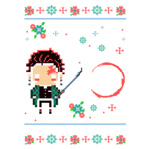 Imagem pixelada do personagem Tanjiro Kamado, da série "Demon Slayer", segurando uma espada. O fundo é decorado com flocos de neve e flores, e o nome "Tanjiro Kamado" está destacado na parte inferior.