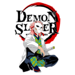 Personagem de "Demon Slayer" com cabelo rosa e máscara de gato, vestindo um uniforme tradicional de caçador de demônios, posando de forma confiante com uma espada. Fundo com o logotipo da série.