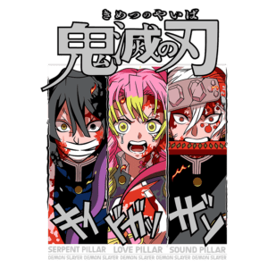 Imagem dos pilares da série "Demon Slayer", apresentando o Pilares da Serpente, da Amor e do Som, todos com expressões intensas e detalhes sangrentos, representando a luta contra demônios.