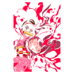 Ilustração de um personagem feminino com cabelo castanho e faixa rosa, emanando energia em tons de vermelho. O personagem exibe uma expressão intensa, com um punho cerrado e detalhes vibrantes ao redor, representando movimento e poder.