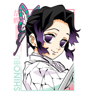 Imagem da personagem Shinobu, do anime "Demon Slayer", com cabelo preto e mechas roxas, usando um uniforme branco e segurando uma espada. Ela tem asas de borboleta coloridas e um sorriso suave.
