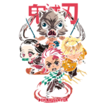Imagem de personagens do anime "Demon Slayer" em estilo chibi, incluindo Tanjiro, Nezuko, Inosuke e Zenitsu, com fundo vermelho e a inscrição "Demon Slayer".
