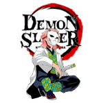 Personagem de "Demon Slayer" com máscara de gato, vestido com um traje tradicional japonês colorido, sentado com uma espada na mão, em frente ao logotipo da série.