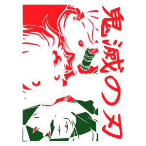 Ilustração de personagens de anime com espadas, destacando suas expressões intensas, em um fundo vermelho e branco, com texto em kanji.