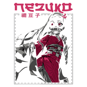 Personagem feminina com cabelo longo e vestido vermelho, representando uma cena de anime, com expressão determinada e faixa na boca. Fundo estilizado com elementos gráficos.