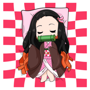 Personagem de anime dormindo em um travesseiro, vestindo um quimono tradicional japonês. A imagem apresenta cabelo longo e escuro, com uma faixa rosa e um acessório verde na boca. Fundo em padrão quadriculado rosa e verde.