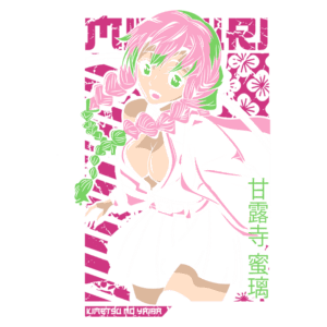 Personagem de anime com cabelo rosa e verde, vestindo um traje tradicional japonês, sorrindo e fazendo um gesto amigável. Fundo colorido com elementos gráficos.