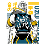 Ilustração de um personagem estilizado com cabelo branco e roupas azuis, destacando a frase "Uzui Tengen" em um fundo colorido. O personagem está de costas, exibindo detalhes de sua vestimenta e um design que remete a temas de anime e cultura pop japonesa.