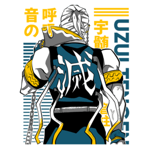 Ilustração de um personagem estilizado com cabelo branco e roupas azuis, destacando a frase "Uzui Tengen" em um fundo colorido. O personagem está de costas, exibindo detalhes de sua vestimenta e um design que remete a temas de anime e cultura pop japonesa.