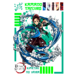 Imagem do personagem Kamado Tanjiro do anime Demon Slayer, exibindo uma técnica de combate com ondas de água ao seu redor. O fundo é verde, destacando o personagem e o logotipo da série "Kimetsu no Yaiba".